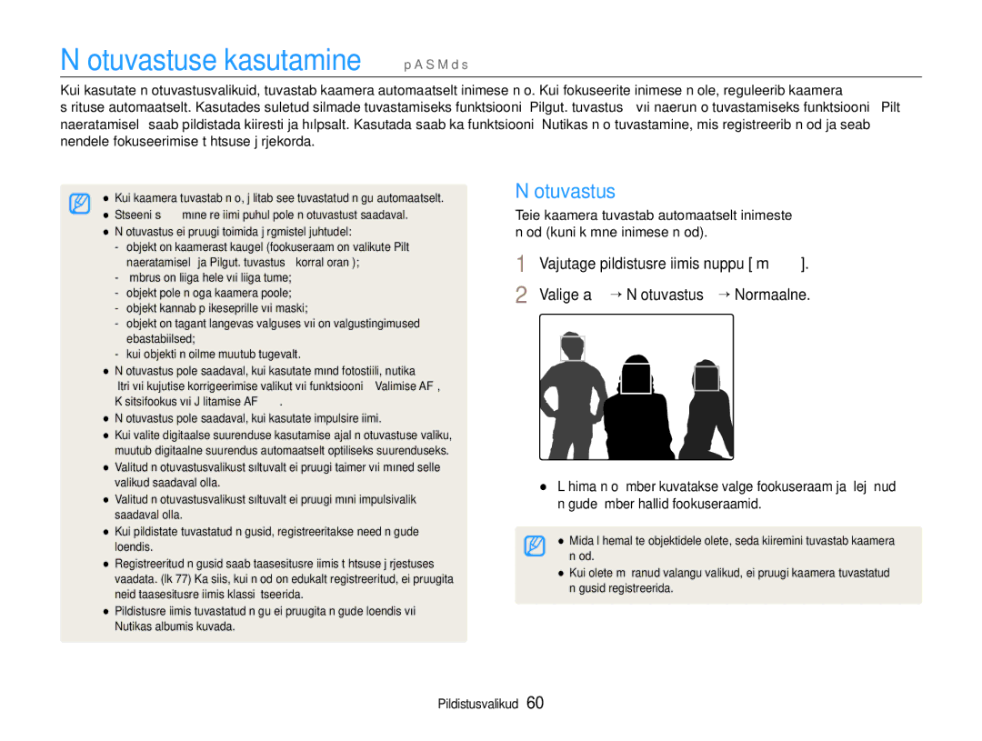 Samsung EC-EX1ZZZBPBRU manual Näotuvastuse kasutamine p a S M d s, Valige a “ Näotuvastus “ Normaalne 