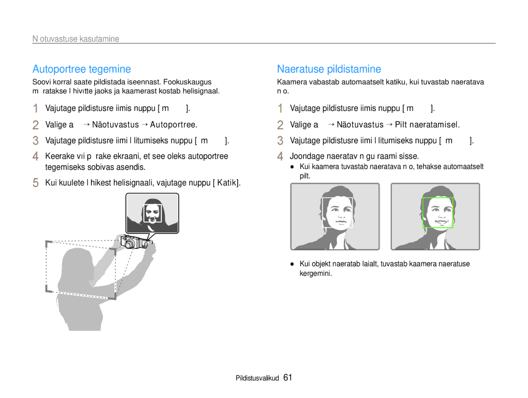 Samsung EC-EX1ZZZBPBRU manual Autoportree tegemine, Naeratuse pildistamine, Näotuvastuse kasutamine 