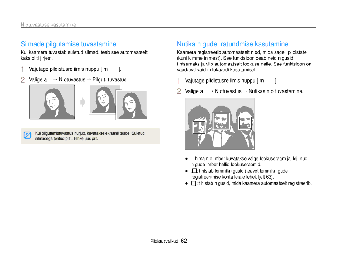 Samsung EC-EX1ZZZBPBRU manual Silmade pilgutamise tuvastamine, Nutika nägude äratundmise kasutamine 