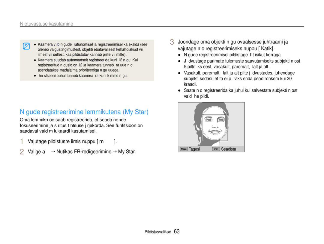 Samsung EC-EX1ZZZBPBRU manual Nägude registreerimine lemmikutena My Star, Valige a “ Nutikas FR-redigeerimine “ My Star 