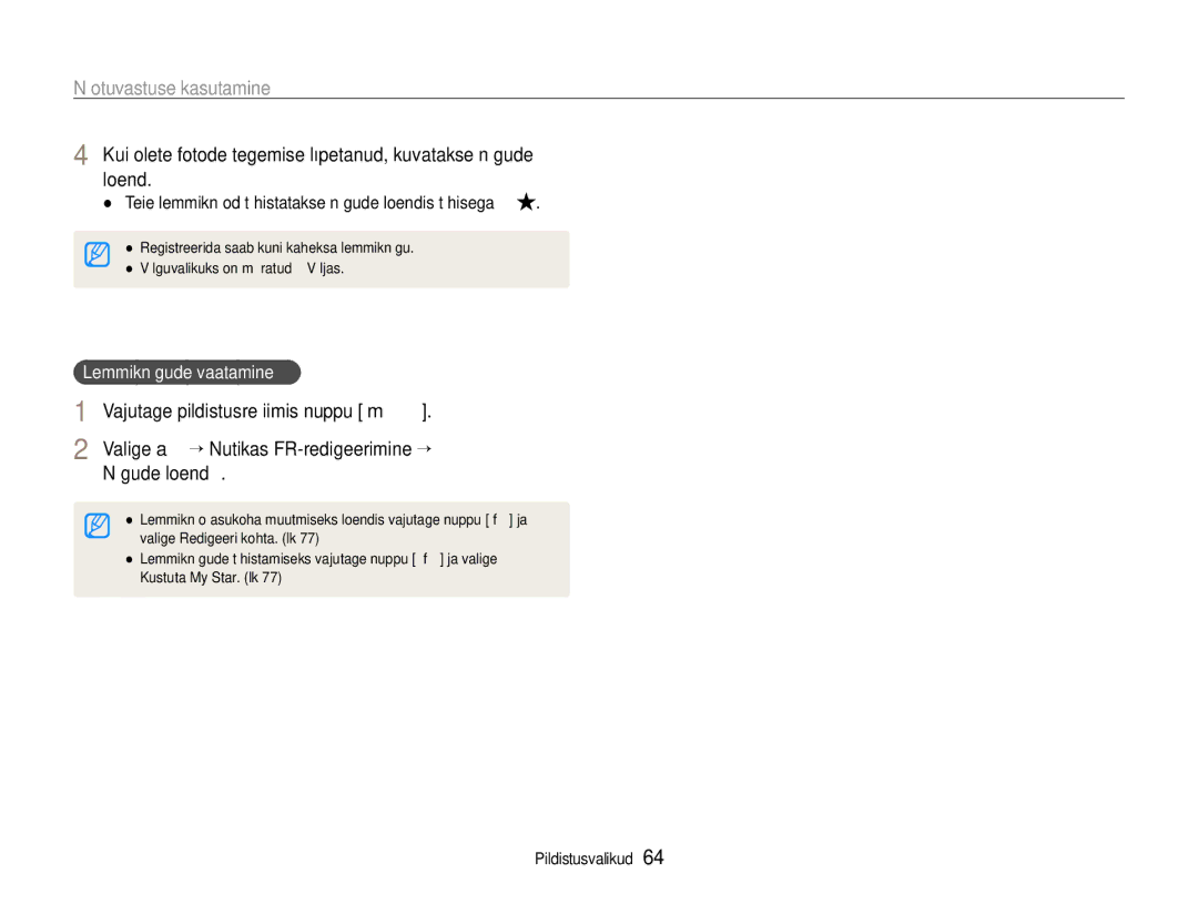 Samsung EC-EX1ZZZBPBRU manual Kui olete fotode tegemise lõpetanud, kuvatakse nägude loend, Lemmiknägude vaatamine 