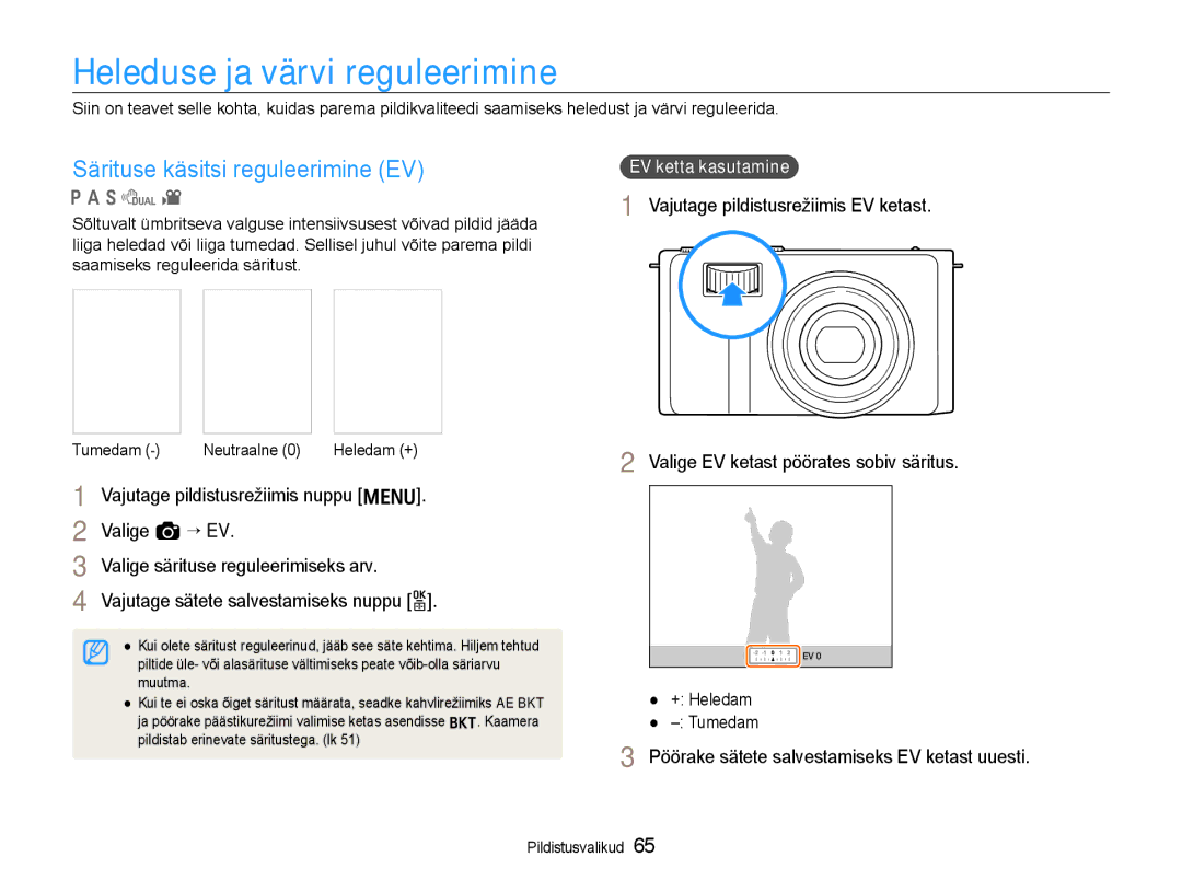 Samsung EC-EX1ZZZBPBRU manual Heleduse ja värvi reguleerimine, Särituse käsitsi reguleerimine EV 