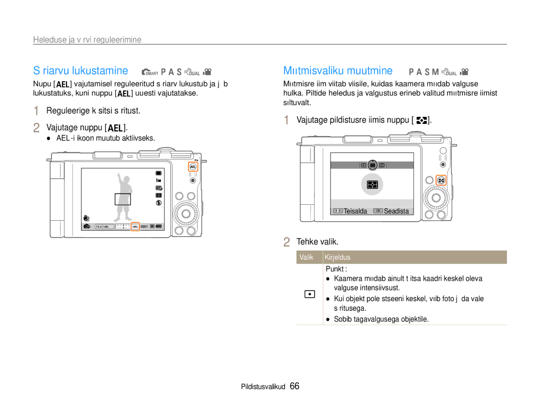 Samsung EC-EX1ZZZBPBRU Säriarvu lukustamine t p a S d, Mõõtmisvaliku muutmine p a S M d, Heleduse ja värvi reguleerimine 