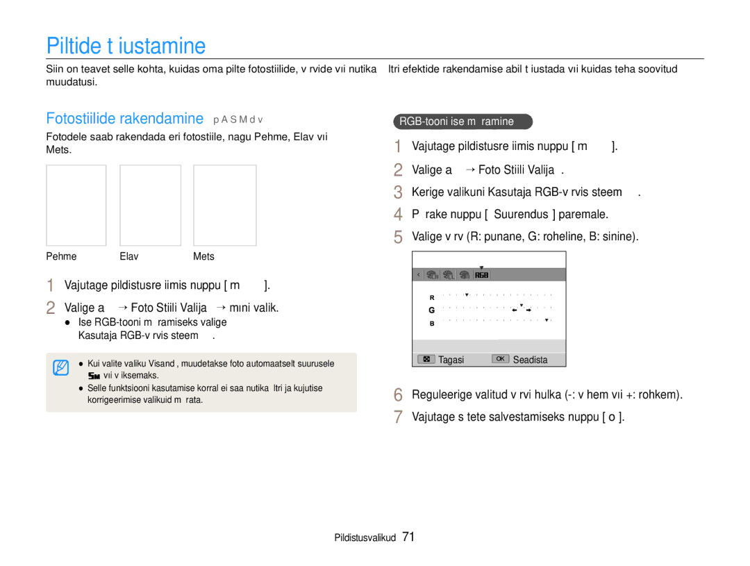 Samsung EC-EX1ZZZBPBRU manual Piltide täiustamine, Valige a ““Foto Stiili Valija, Ise RGB-tooni määramiseks valige 