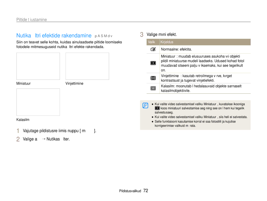 Samsung EC-EX1ZZZBPBRU manual Nutika ﬁltri efektide rakendamine p a S M d, Piltide täiustamine, Valige a ““Nutikas ﬁlter 