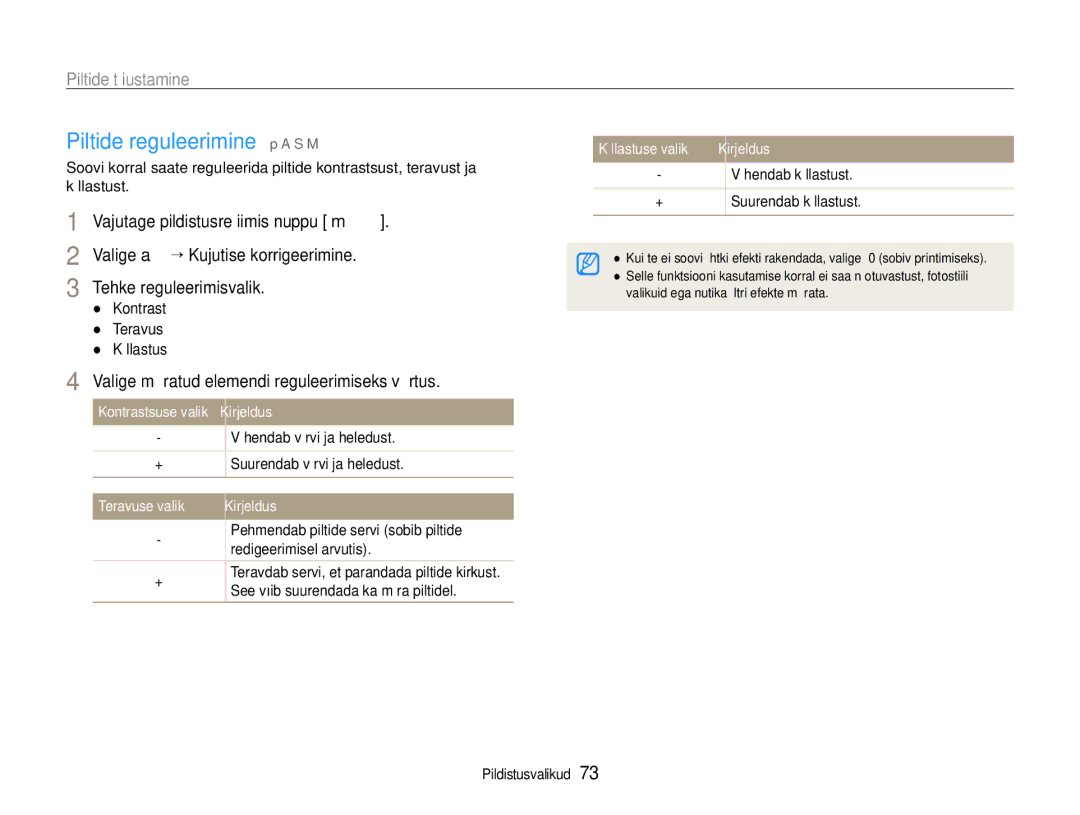 Samsung EC-EX1ZZZBPBRU manual Piltide reguleerimine p a S M, Valige a ““Kujutise korrigeerimine, Tehke reguleerimisvalik 