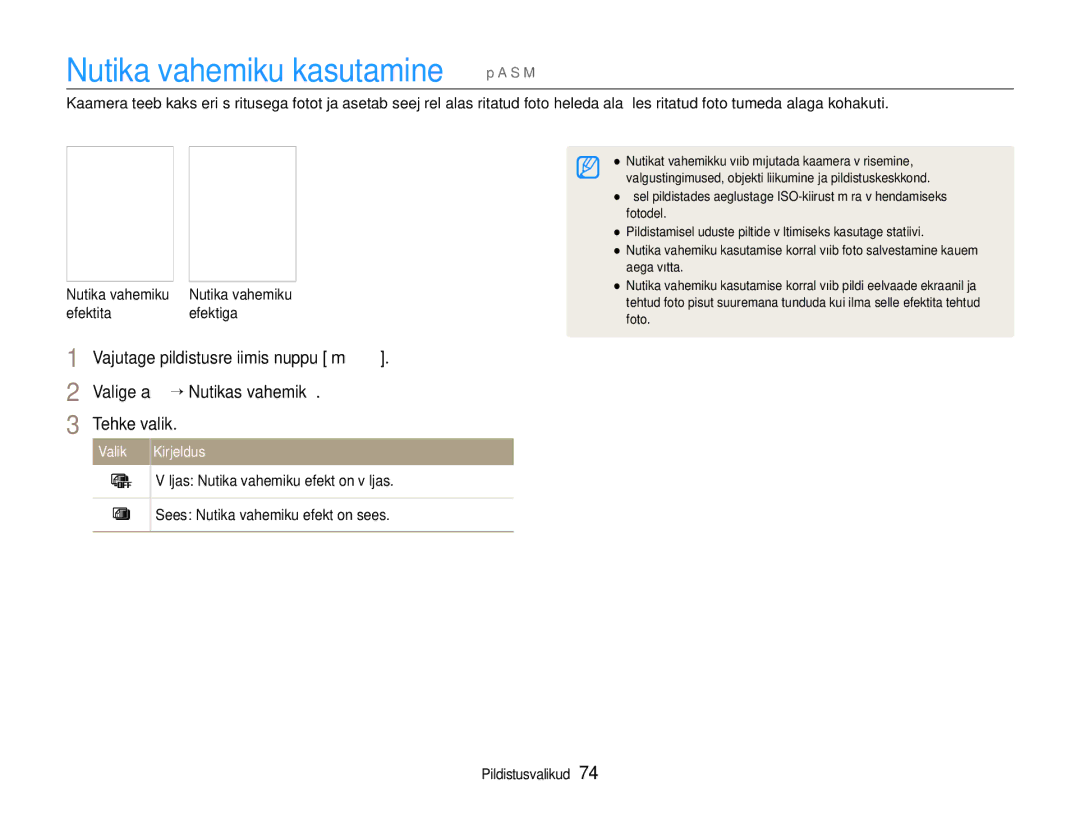 Samsung EC-EX1ZZZBPBRU manual Nutika vahemiku kasutamine p a S M, Valige a “ Nutikas vahemik, Efektita Efektiga 