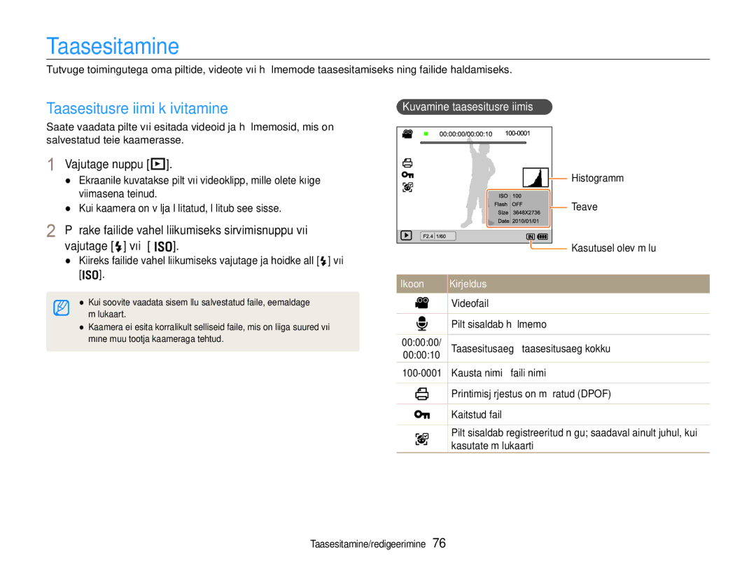 Samsung EC-EX1ZZZBPBRU manual Taasesitamine, Taasesitusrežiimi käivitamine, Vajutage nuppu P, Kuvamine taasesitusrežiimis 