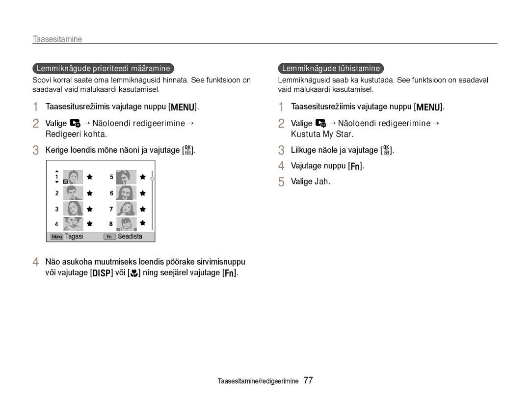 Samsung EC-EX1ZZZBPBRU manual Taasesitamine, Valige u “ Näoloendi redigeerimine “ Redigeeri kohta 