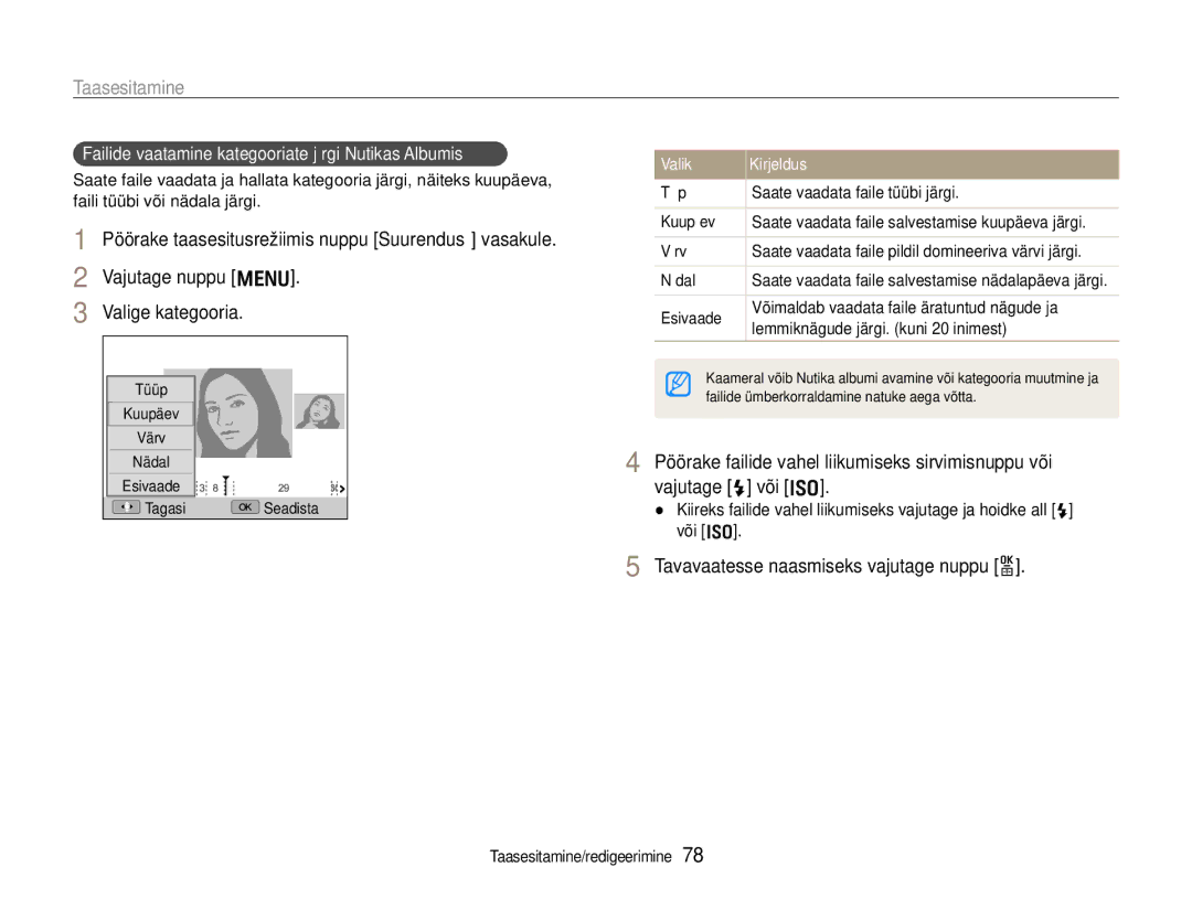 Samsung EC-EX1ZZZBPBRU manual Vajutage nuppu m Valige kategooria, Tavavaatesse naasmiseks vajutage nuppu o 