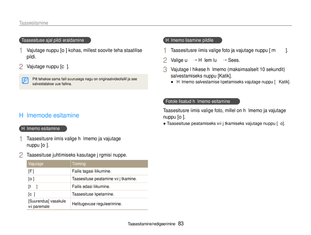 Samsung EC-EX1ZZZBPBRU manual Häälmemode esitamine, Taasesituse ajal pildi eraldamine, Häälmemo esitamine 