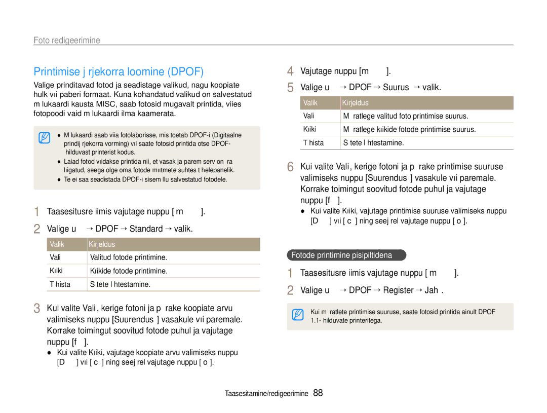 Samsung EC-EX1ZZZBPBRU Printimise järjekorra loomine Dpof, Korrake toimingut soovitud fotode puhul ja vajutage nuppu f 