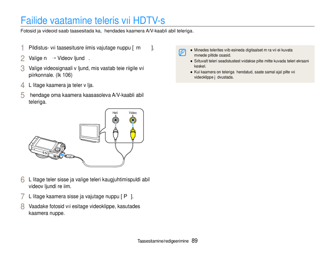 Samsung EC-EX1ZZZBPBRU manual Failide vaatamine teleris või HDTV-s, Valige n “ Videoväljund 