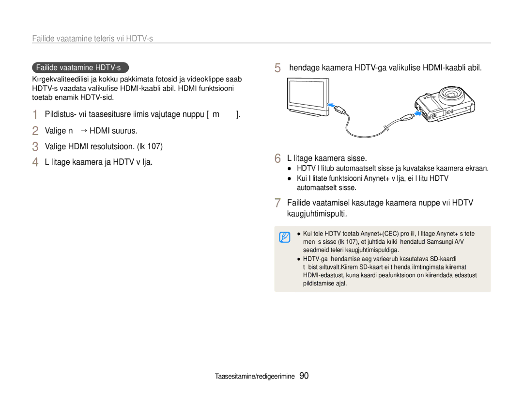 Samsung EC-EX1ZZZBPBRU manual Failide vaatamine teleris või HDTV-s, Failide vaatamine HDTV-s 