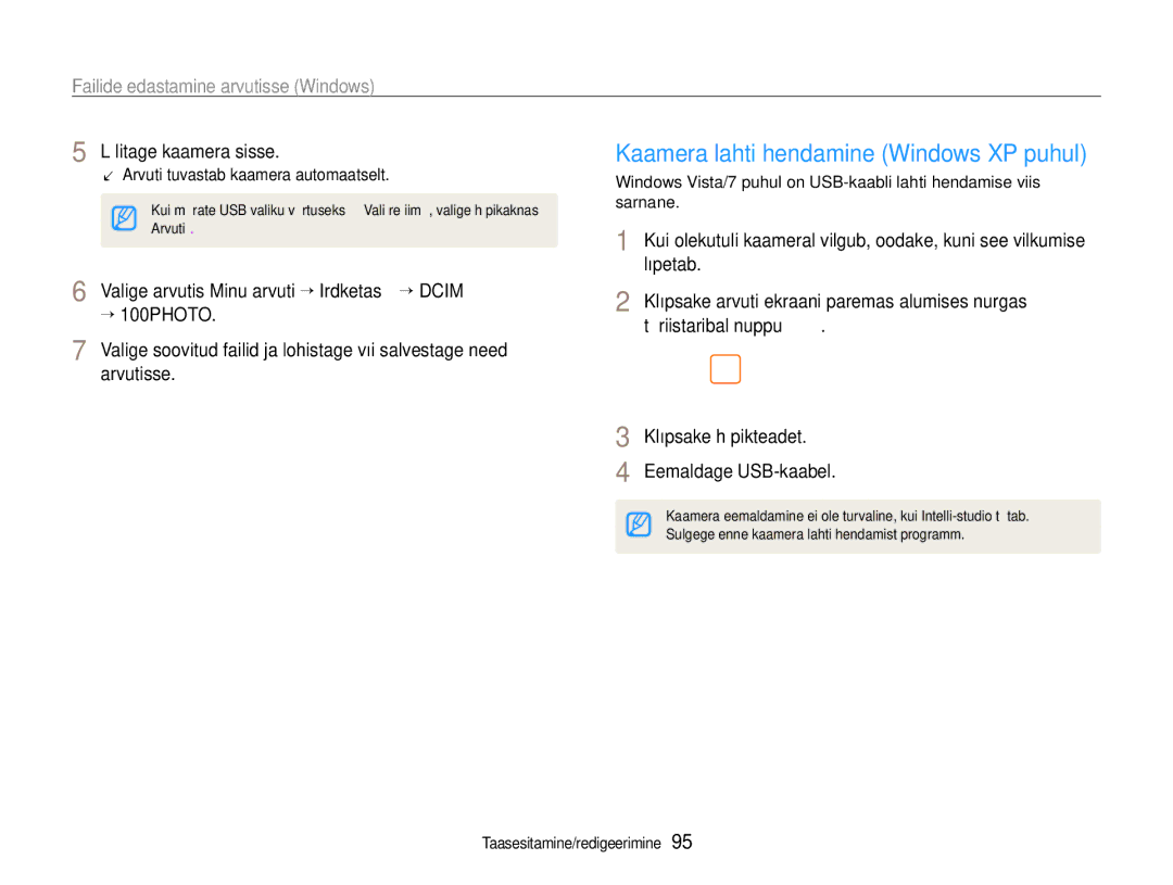 Samsung EC-EX1ZZZBPBRU Kaamera lahtiühendamine Windows XP puhul, Valige arvutis Minu arvuti ““Irdketas ““DCIM, ““100PHOTO 