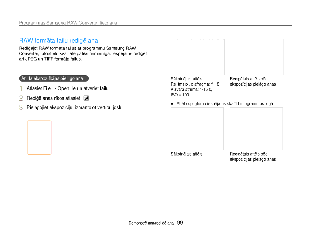 Samsung EC-EX1ZZZBPBRU manual RAW formāta failu rediģēšana, Attēla ekspozīcijas pielāgošana 