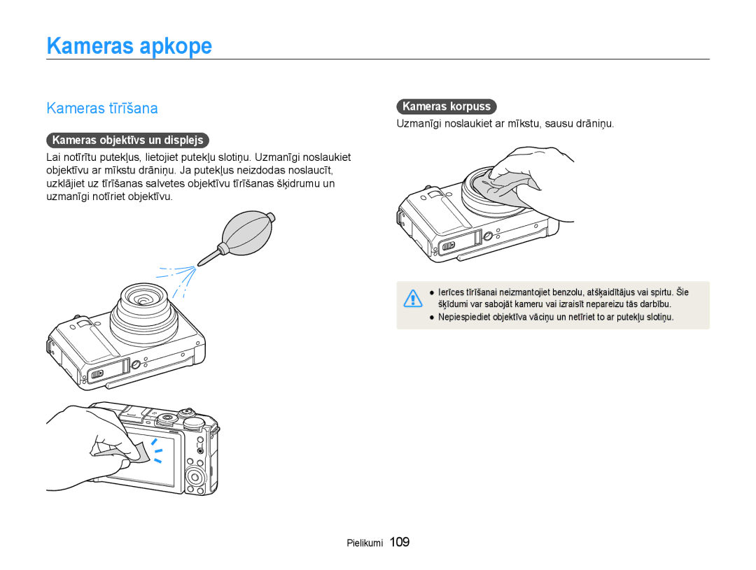 Samsung EC-EX1ZZZBPBRU manual Kameras apkope, Kameras tīrīšana, Kameras objektīvs un displejs, Kameras korpuss 