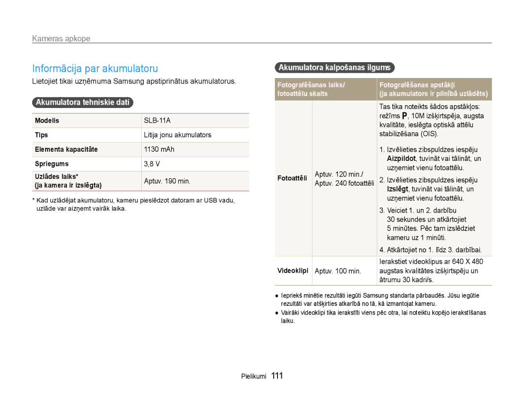 Samsung EC-EX1ZZZBPBRU manual Informācija par akumulatoru, Akumulatora tehniskie dati, Akumulatora kalpošanas ilgums 