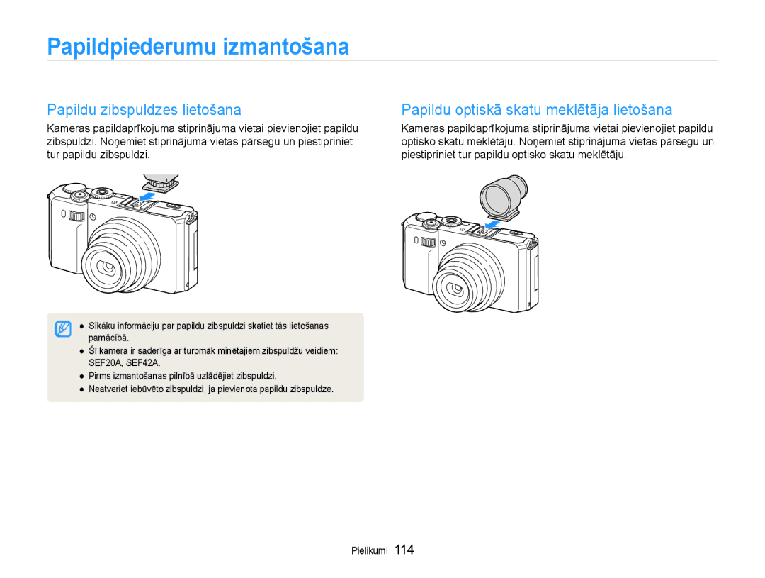 Samsung EC-EX1ZZZBPBRU manual Papildpiederumu izmantošana, Papildu zibspuldzes lietošana 