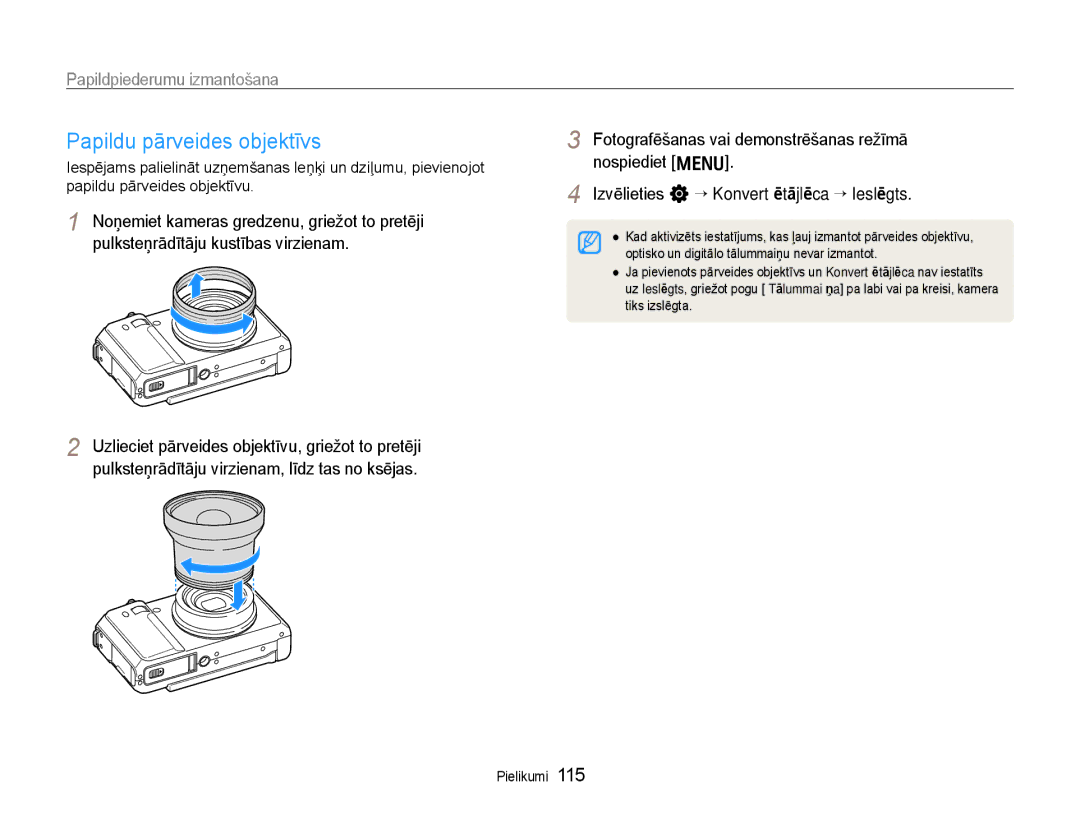 Samsung EC-EX1ZZZBPBRU manual Papildu pārveides objektīvs, Papildpiederumu izmantošana 