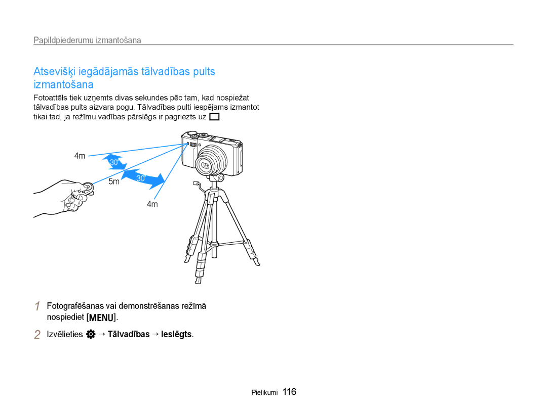 Samsung EC-EX1ZZZBPBRU manual Atsevišķi iegādājamās tālvadības pults izmantošana, Izvēlieties n ““Tālvadības “ Ieslēgts 