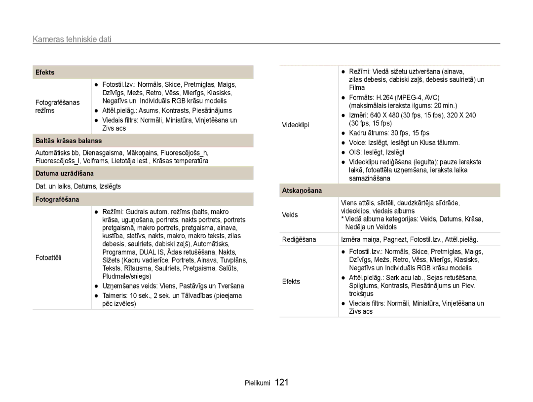 Samsung EC-EX1ZZZBPBRU manual Kameras tehniskie dati, Baltās krāsas balanss, Datuma uzrādīšana, Fotografēšana 