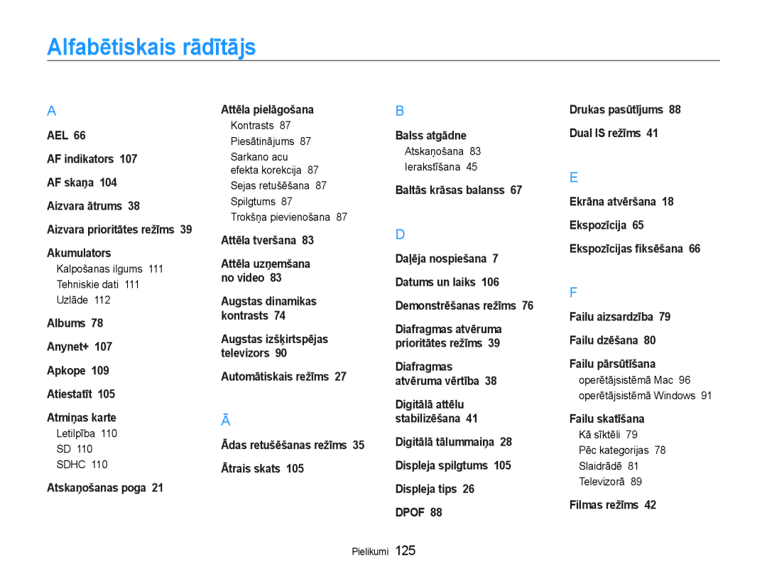 Samsung EC-EX1ZZZBPBRU manual Alfabētiskais rādītājs 