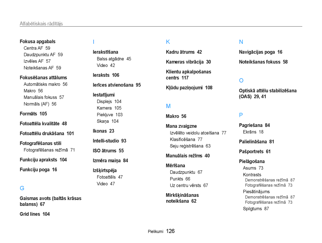 Samsung EC-EX1ZZZBPBRU manual Alfabētiskais rādītājs 