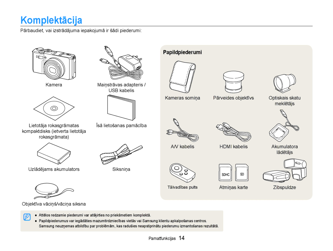 Samsung EC-EX1ZZZBPBRU manual Komplektācija, Papildpiederumi, Pārbaudiet, vai izstrādājuma iepakojumā ir šādi piederumi 