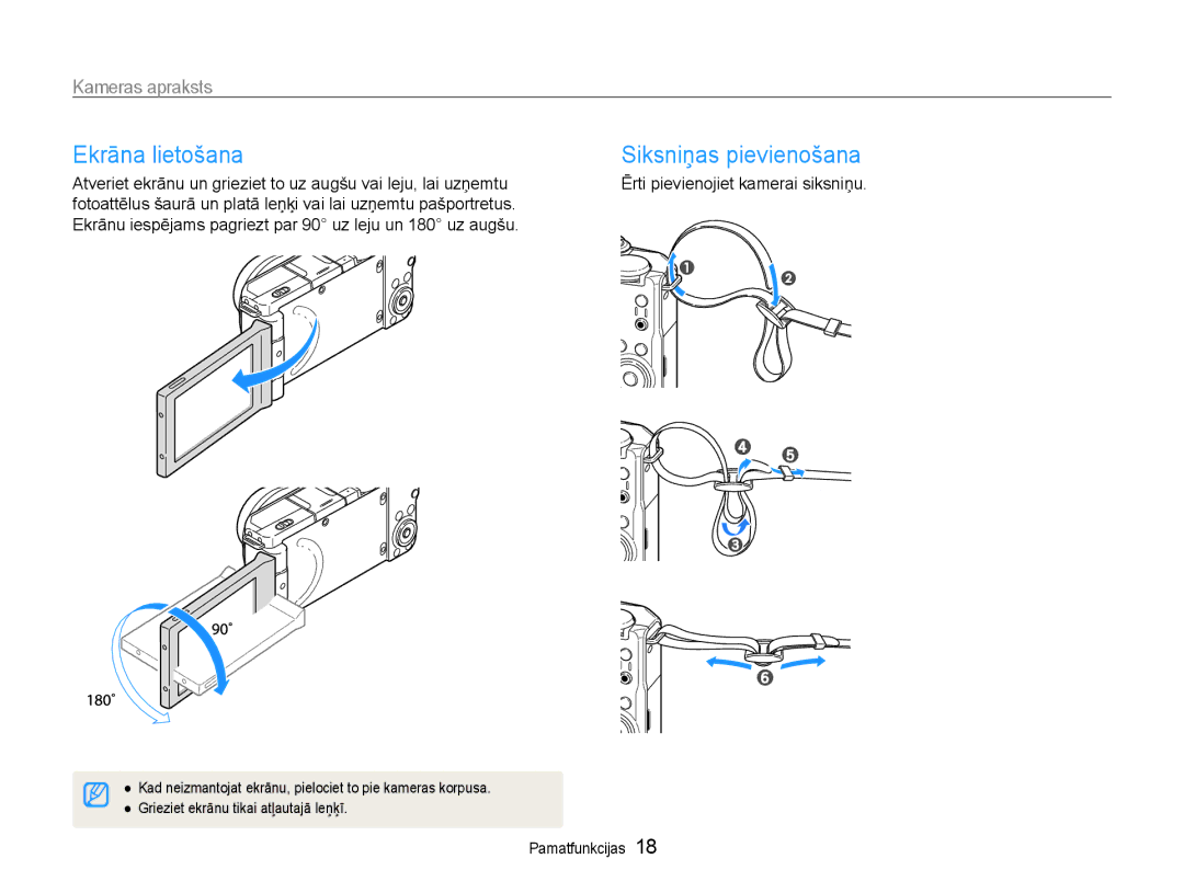 Samsung EC-EX1ZZZBPBRU manual Ekrāna lietošana, Ērti pievienojiet kamerai siksniņu 