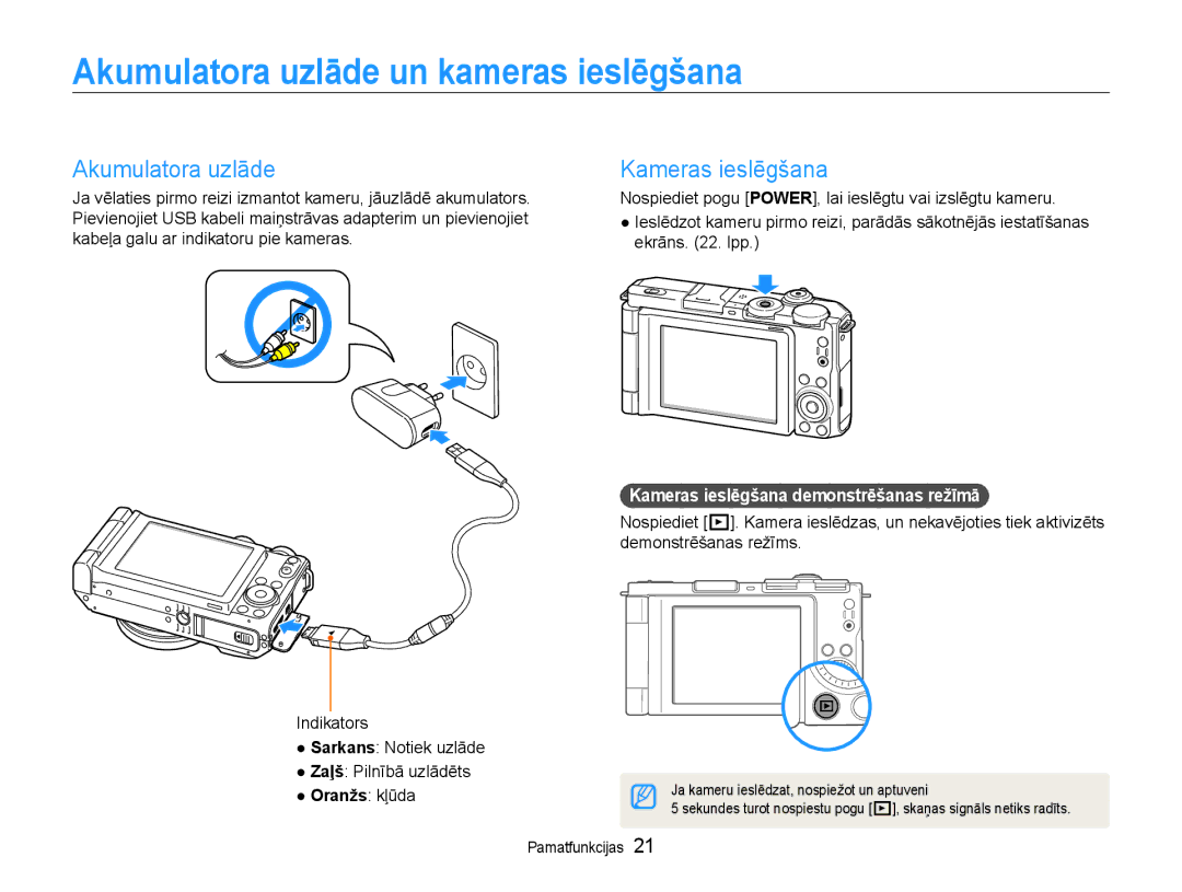 Samsung EC-EX1ZZZBPBRU manual Akumulatora uzlāde un kameras ieslēgšana, Kameras ieslēgšana 