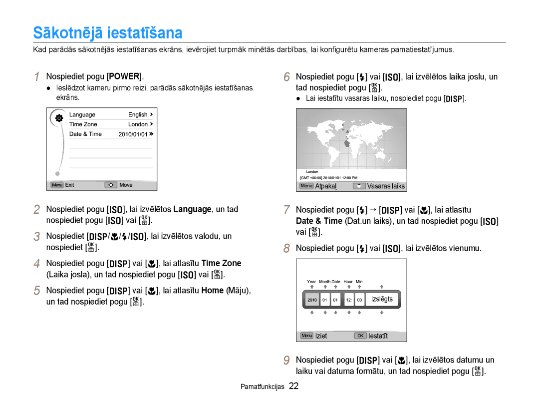 Samsung EC-EX1ZZZBPBRU Sākotnējā iestatīšana, Nospiediet pogu Power, Nospiediet pogu F ““D vai c, lai atlasītu, Vai o 