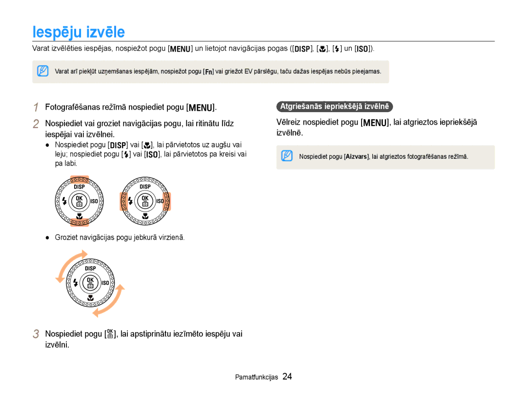 Samsung EC-EX1ZZZBPBRU manual Iespēju izvēle, Atgriešanās iepriekšējā izvēlnē, Groziet navigācijas pogu jebkurā virzienā 