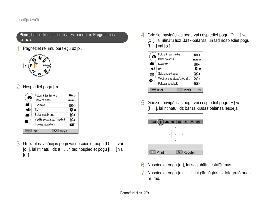 Samsung EC-EX1ZZZBPBRU manual Iespēju izvēle, Pagrieziet režīmu pārslēgu uz p Nospiediet pogu m, Režīmu 