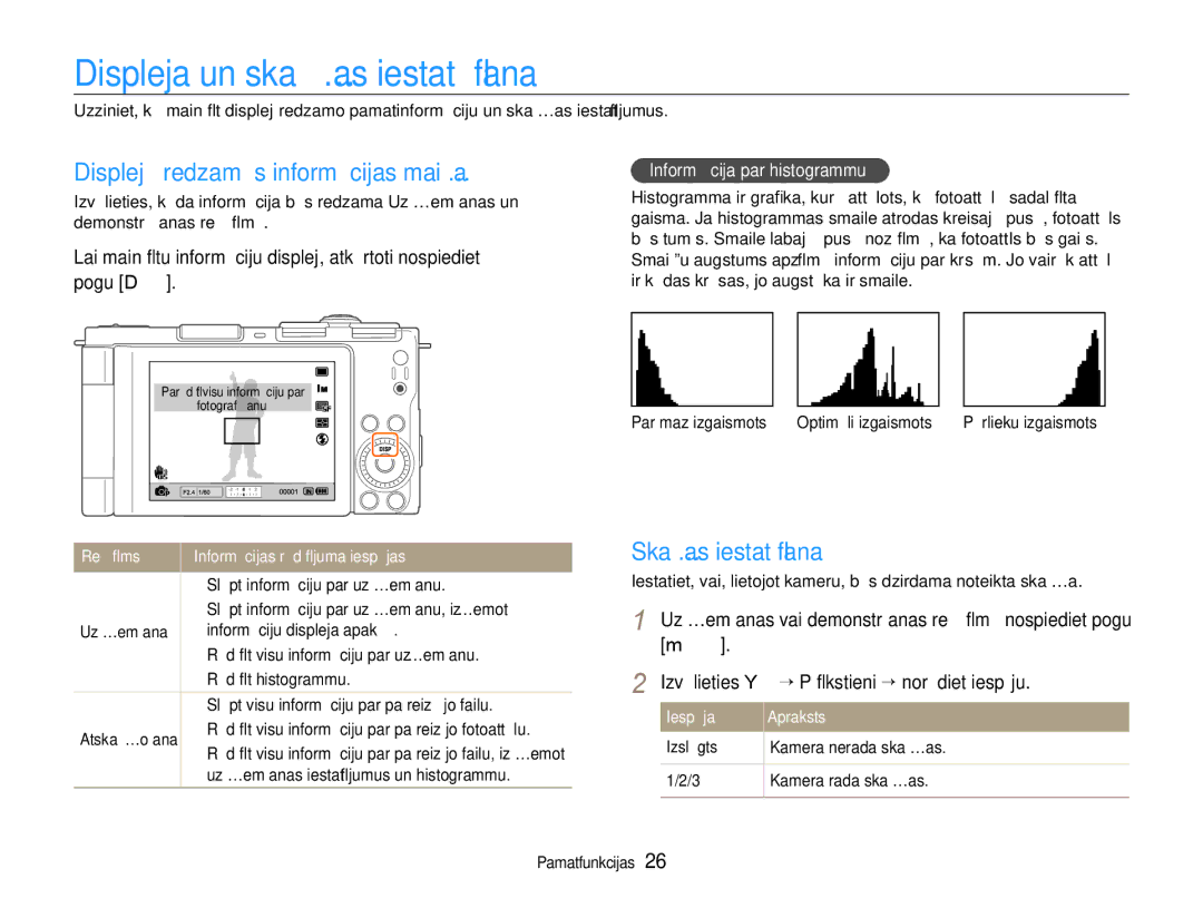 Samsung EC-EX1ZZZBPBRU manual Displeja un skaņas iestatīšana, Displejā redzamās informācijas maiņa, Skaņas iestatīšana 