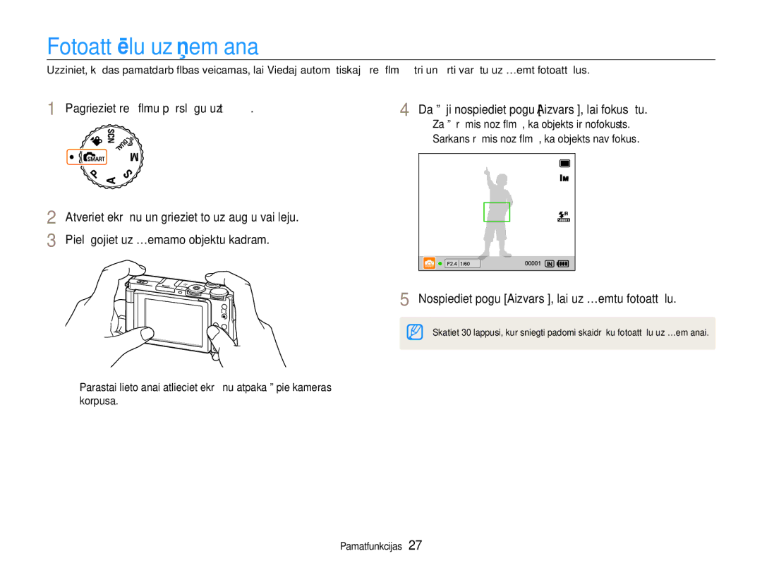 Samsung EC-EX1ZZZBPBRU Fotoattēlu uzņemšana, Pagrieziet režīmu pārslēgu uz t, Daļēji nospiediet pogu Aizvars, lai fokusētu 