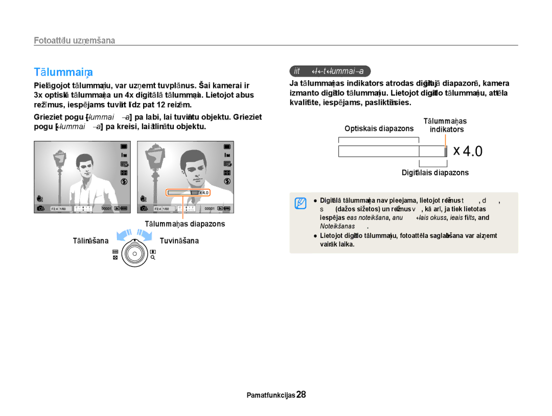 Samsung EC-EX1ZZZBPBRU manual Tālummaiņa, Fotoattēlu uzņemšana, Digitālā tālummaiņa, Digitālais diapazons 