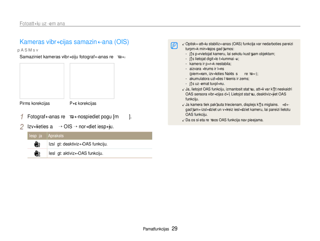 Samsung EC-EX1ZZZBPBRU manual Kameras vibrācijas samazināšana OIS 