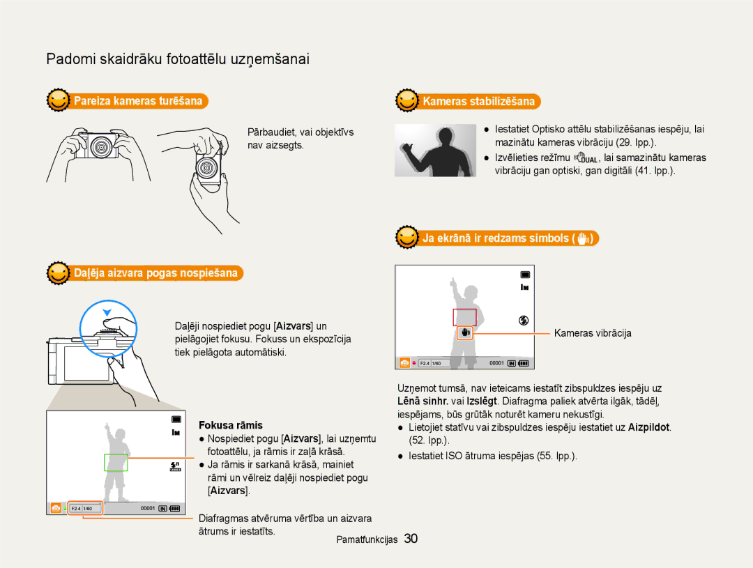 Samsung EC-EX1ZZZBPBRU manual Pareiza kameras turēšana, Fokusa rāmis, Aizvars 