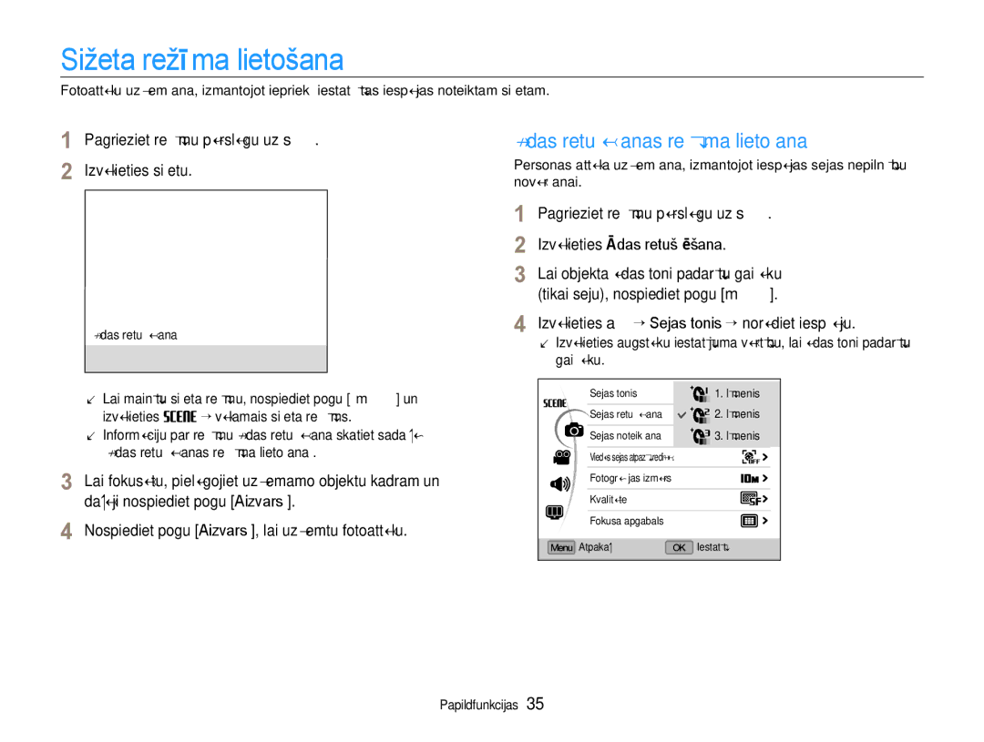 Samsung EC-EX1ZZZBPBRU manual Sižeta režīma lietošana, Ādas retušēšanas režīma lietošana, Izvēlieties Ādas retušēšana 