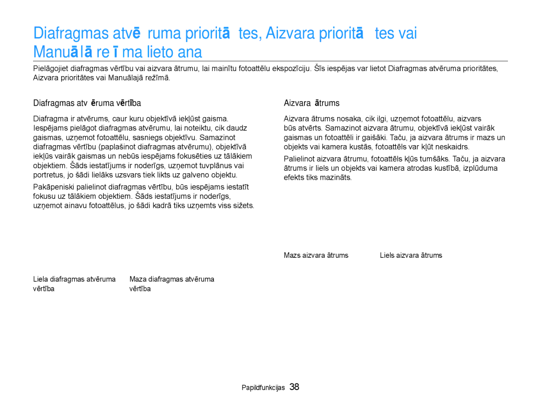 Samsung EC-EX1ZZZBPBRU manual Diafragmas atvēruma vērtība, Aizvara ātrums, Vērtība 