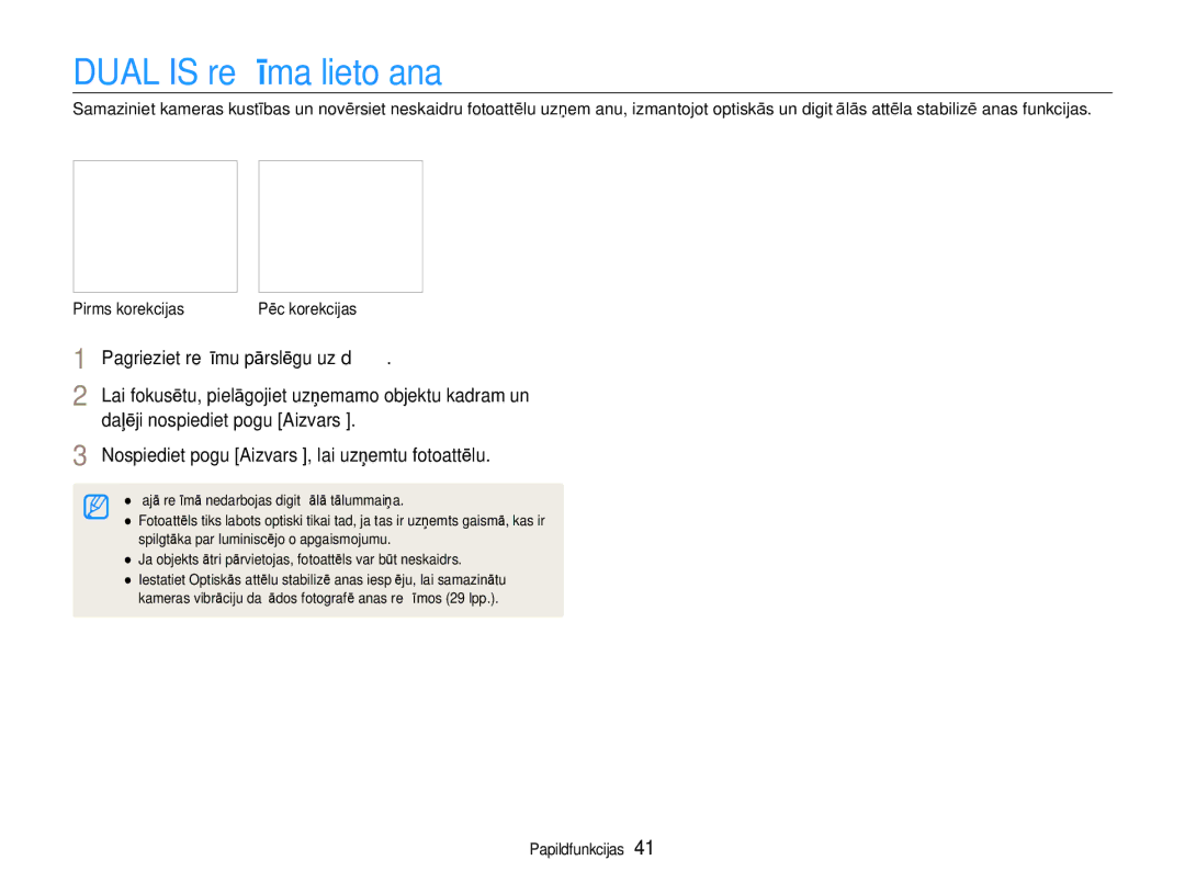 Samsung EC-EX1ZZZBPBRU manual Dual is režīma lietošana, Pagrieziet režīmu pārslēgu uz d, Pirms korekcijas Pēc korekcijas 