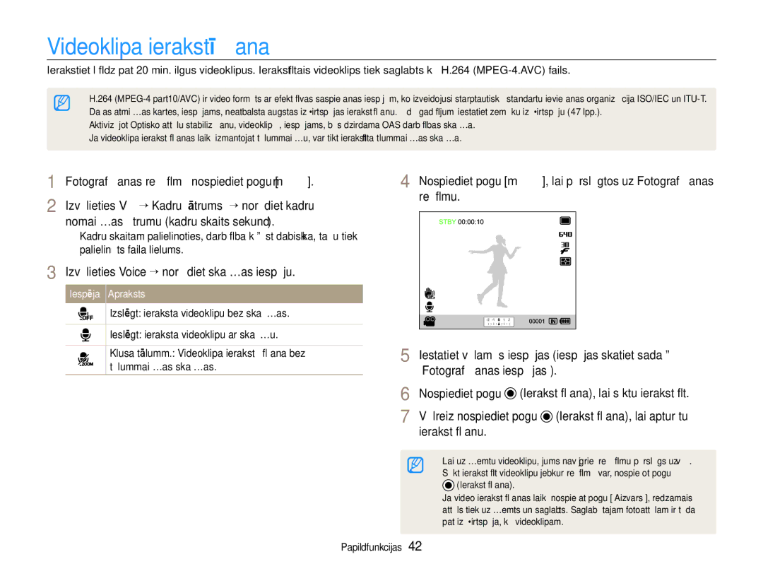 Samsung EC-EX1ZZZBPBRU manual Videoklipa ierakstīšana, Fotografēšanas režīmā nospiediet pogu m, Ierakstīšanu 