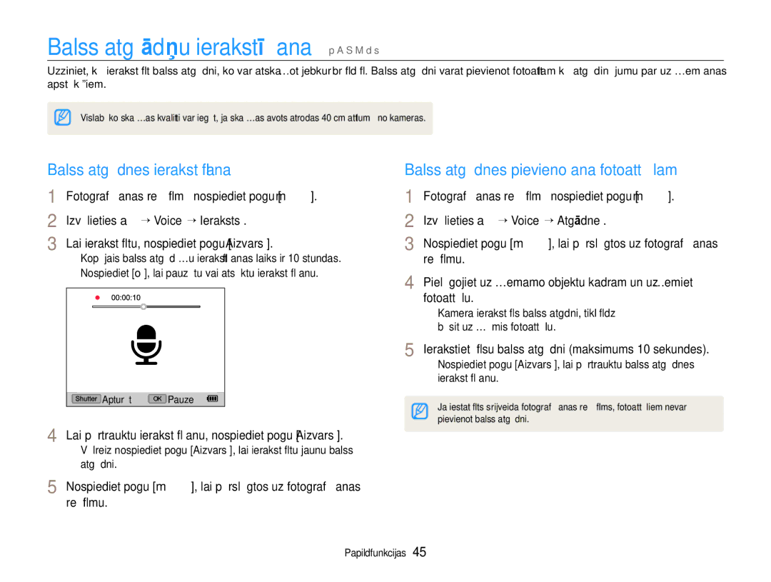 Samsung EC-EX1ZZZBPBRU manual Balss atgādņu ierakstīšana p a S M d s, Balss atgādnes ierakstīšana 