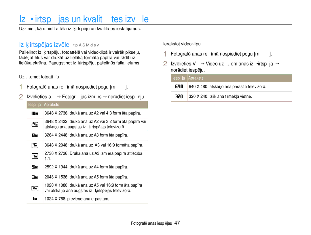 Samsung EC-EX1ZZZBPBRU manual Izšķirtspējas un kvalitātes izvēle, Izšķirtspējas izvēle t p a S M d s, Uzņemot fotoattēlu 