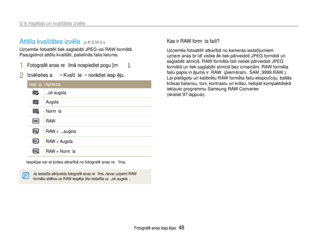 Samsung EC-EX1ZZZBPBRU Attēla kvalitātes izvēle p a S M d s, Izšķirtspējas un kvalitātes izvēle, Kas ir RAW formāta faili? 