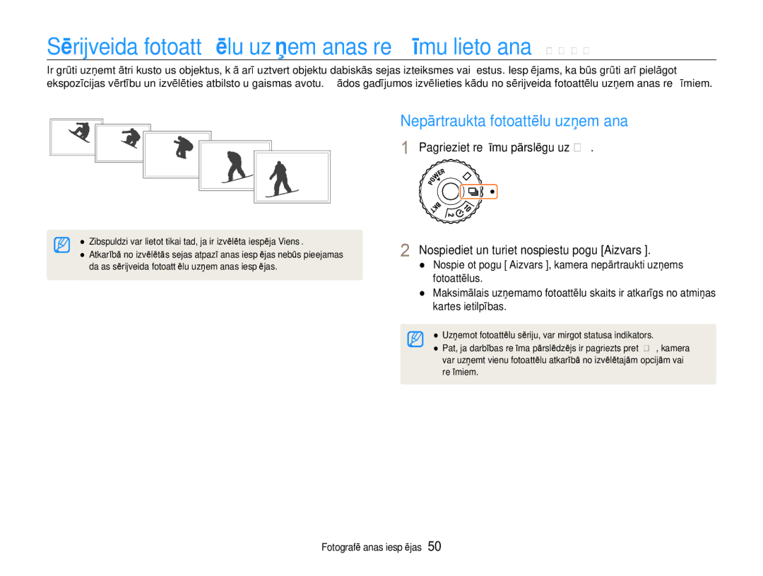 Samsung EC-EX1ZZZBPBRU Sērijveida fotoattēlu uzņemšanas režīmu lietošana p a S M s, Nepārtraukta fotoattēlu uzņemšana 