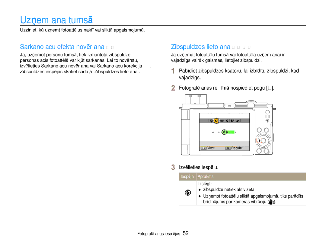 Samsung EC-EX1ZZZBPBRU manual Uzņemšana tumsā, Sarkano acu efekta novēršana p s, Zibspuldzes lietošana t p a S M s, Izslēgt 