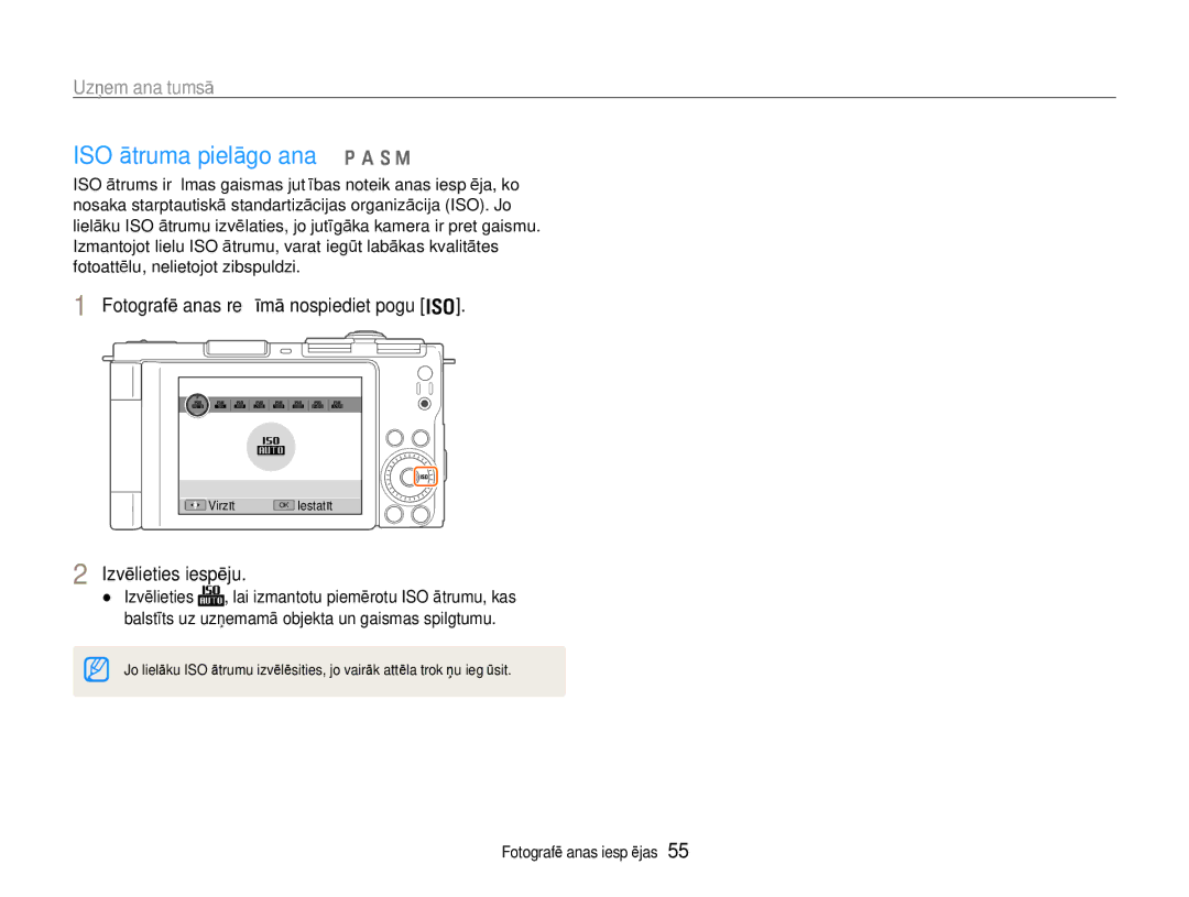 Samsung EC-EX1ZZZBPBRU manual ISO ātruma pielāgošana p a S M, Fotografēšanas režīmā nospiediet pogu 