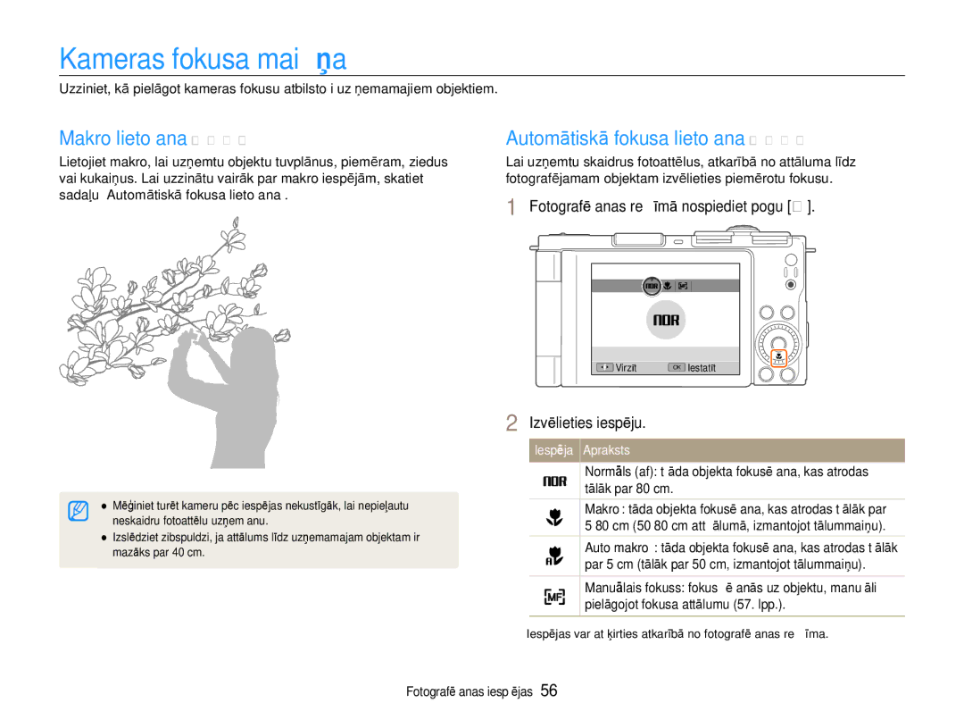 Samsung EC-EX1ZZZBPBRU manual Kameras fokusa maiņa, Makro lietošana p a S M d, Automātiskā fokusa lietošana p a S M d 